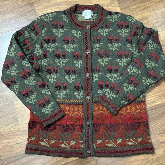 Vintage Cherry Lewis Women's M Wool Blend Floral Nordic Patter Cardigan Sweater - Picture 10 of 13